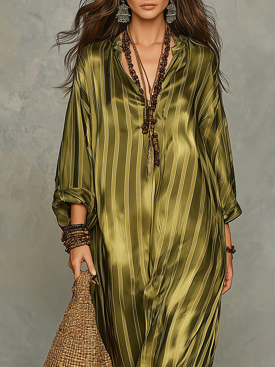 Refined Bohemian Chic Olive Satin Stripe Maxi Dress