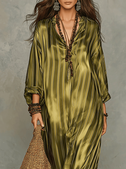 Refined Bohemian Chic Olive Satin Stripe Maxi Dress