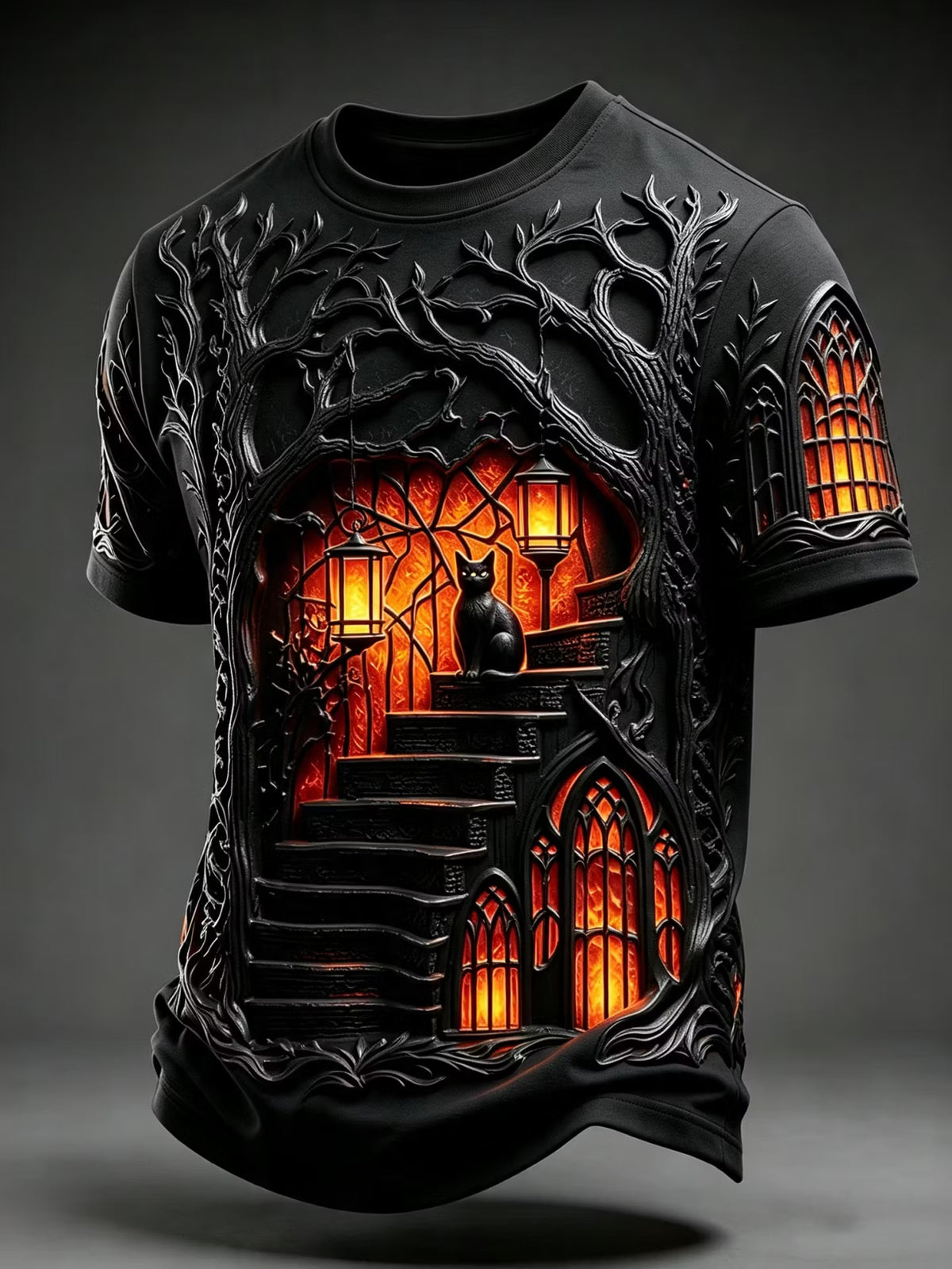 Men's Retro Halloween Castle And Black Cat Pattern Casual T-shirt