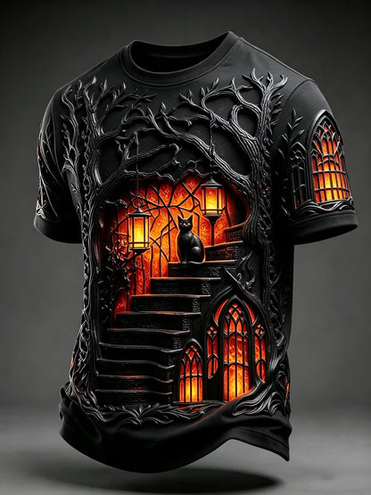 Men's Retro Halloween Castle And Black Cat Pattern Casual T-shirt