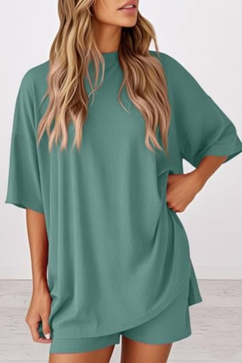 Women 2 Piece Outfits Crew Neck Oversized Tshirts and Biker Shorts with Pocket Matching Lounge Sets