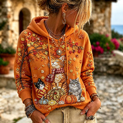 Women's Vintage Autumn Cat Art Pattern Casual Hoodie