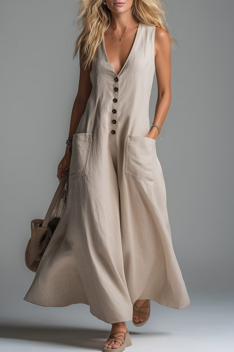 Pocket V-neck Solid Color Casual Dress