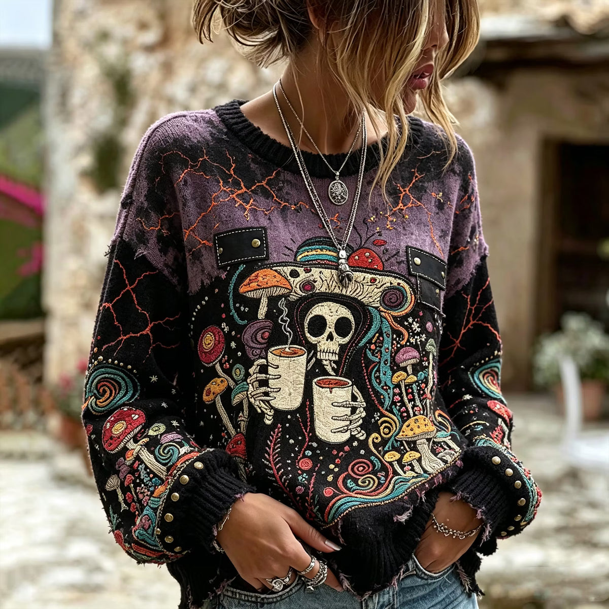 Women's Vintage Distressed Gothic Skeleton Witch Psychedelic Mushroom Embroidery Knit Pullover