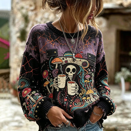 Women's Vintage Distressed Gothic Skeleton Witch Psychedelic Mushroom Embroidery Knit Pullover