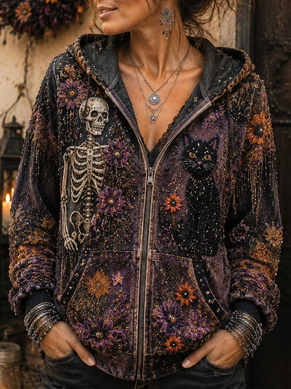 Women's Gothic Halloween Boho Skeleton Black Cat Floral Embroidery Zip Hoodie