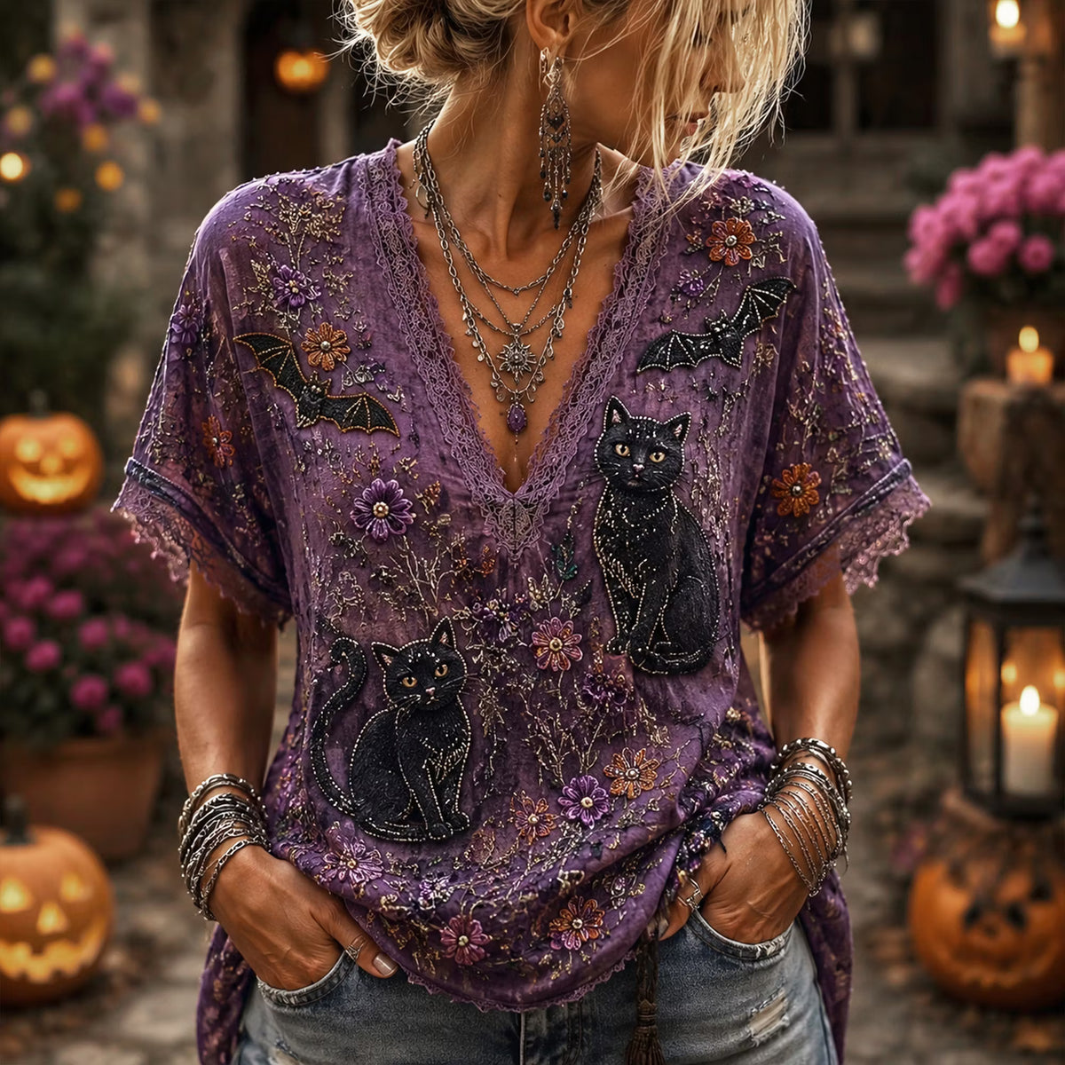 Vintage Purple Witchy Boho Halloween Black Cat Bat Floral Embroidery V Neck Top