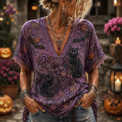 Vintage Purple Witchy Boho Halloween Black Cat Bat Floral Embroidery V Neck Top