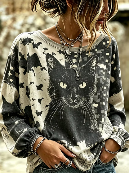 Women's Halloween Long-sleeved Shirt, Black Cat And Bat Print