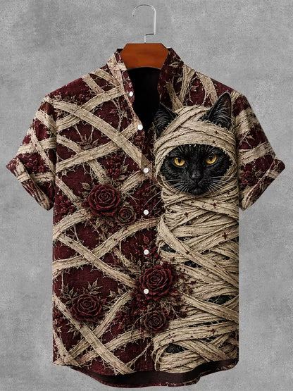 Men's Gothic Bandage Black Cat Rose Art Short Sleeve Linen Shirt