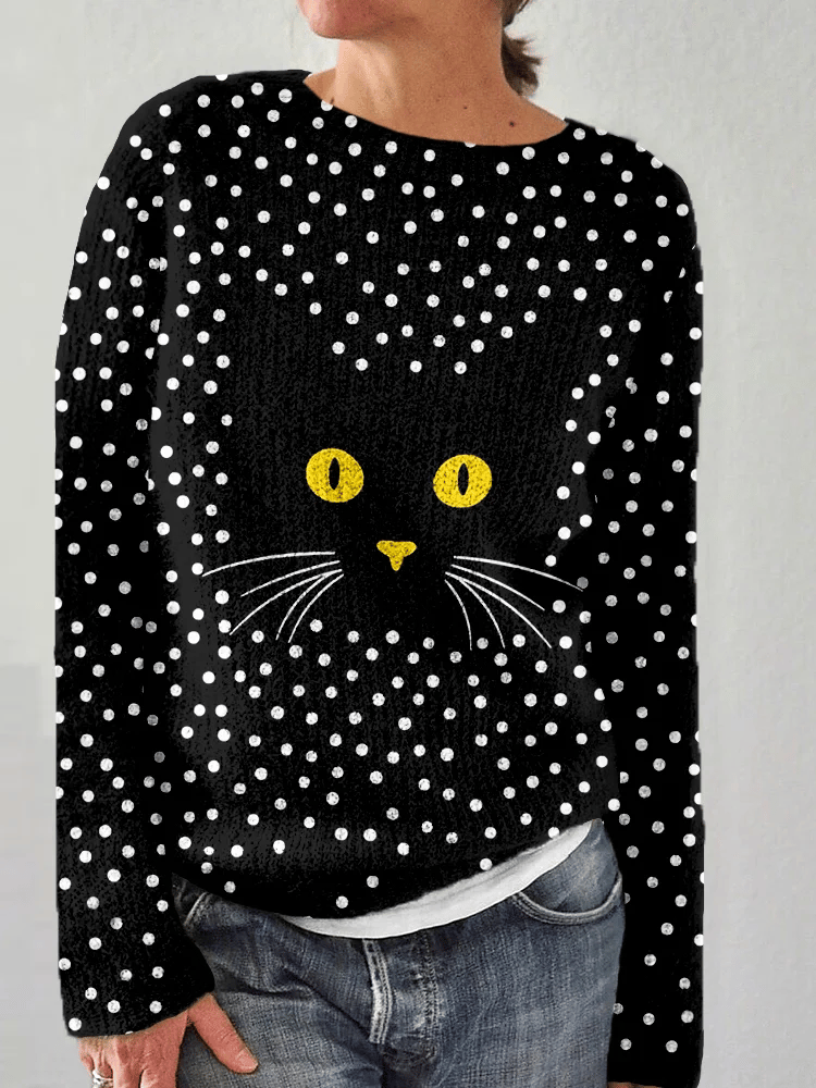 Women's Retro Retro Animal Black Cat Contrast Cozy Knit Sweater