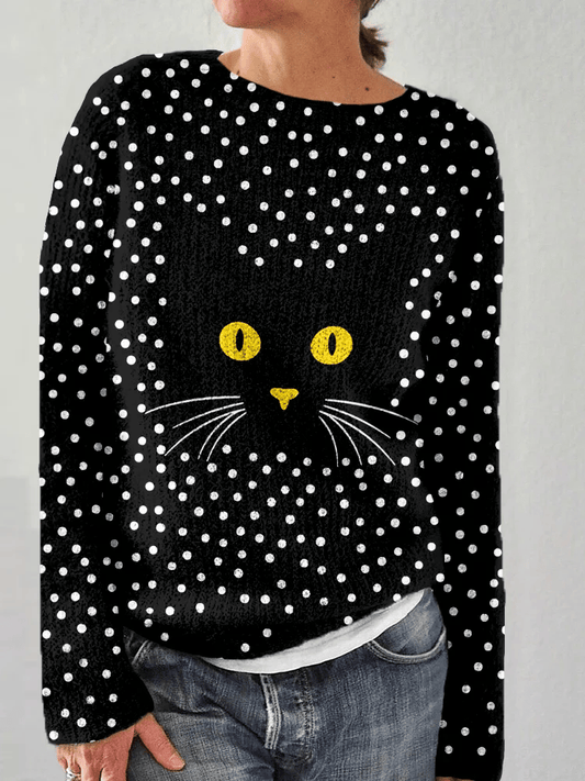 Women's Retro Retro Animal Black Cat Contrast Cozy Knit Sweater