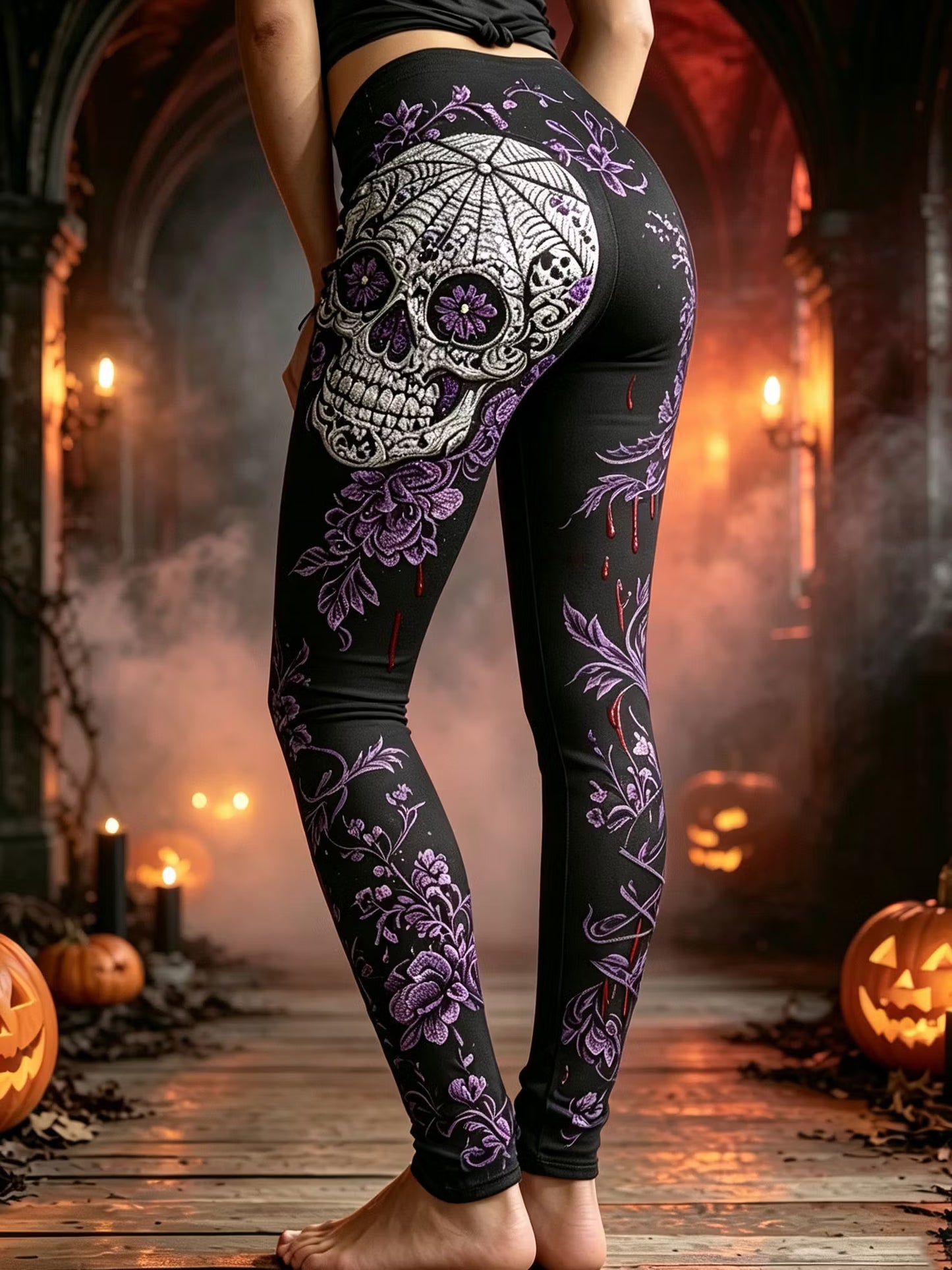 Women's Halloween Skull Bloodstain Floral Print Comfortable Leggings