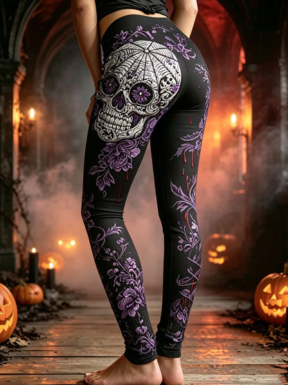 Women's Halloween Skull Bloodstain Floral Print Comfortable Leggings
