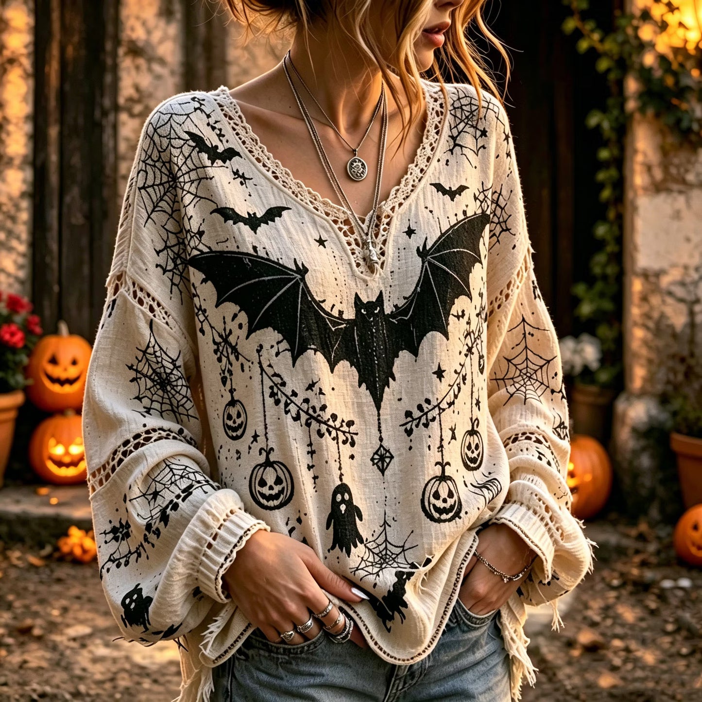 Women's Retro Halloween Style Printed Cotton Linen Top
