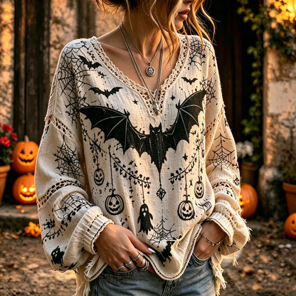 Women's Retro Halloween Style Printed Cotton Linen Top