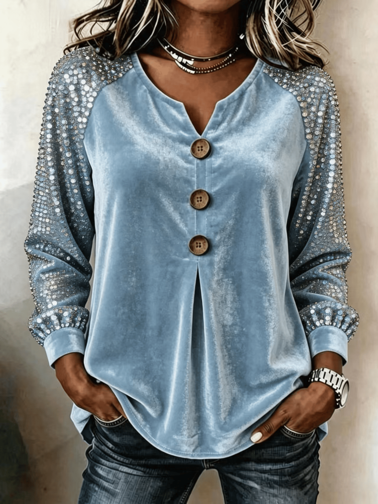 Women's Casual V-Neck Sequin Long-Sleeve Button-Front Top
