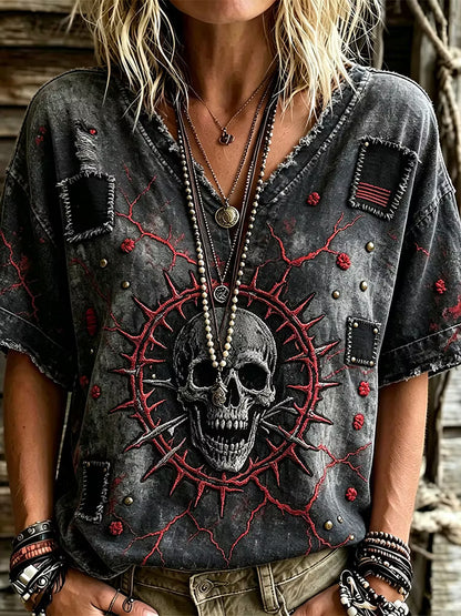 Women's Vintage Washed Gothic Rock Skull Thorn Embroidery Distressed Top