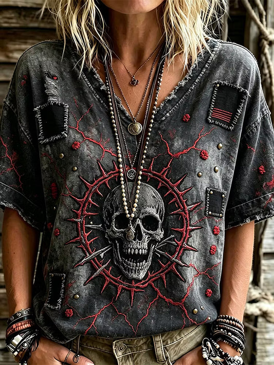 Women's Vintage Washed Gothic Rock Skull Thorn Embroidery Distressed Top