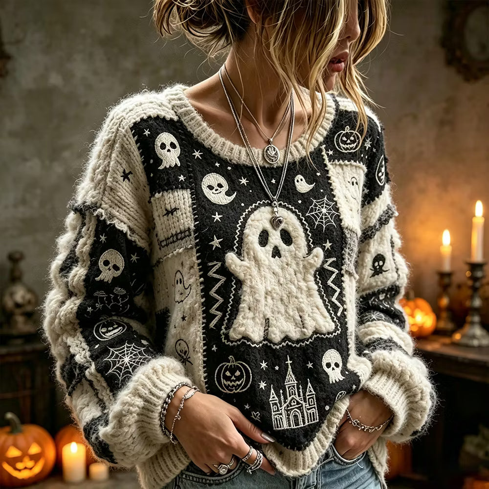 Halloween Ghost Art Patchwork Stitching Comfortable Color-block Casual Crewneck Sweater幽灵