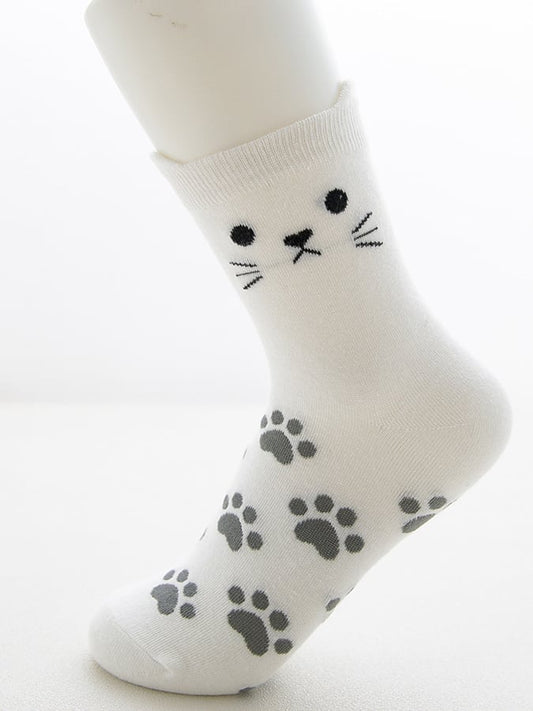 Women's Cotton Cat Cubic Ears Footprint Mid Calf Socks