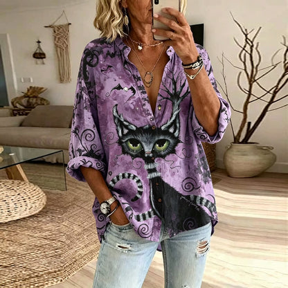 Women's Retro Halloween Black Cat Art Pattern Casual Shirt