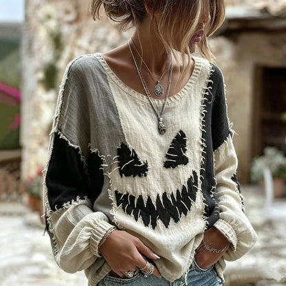 Women's Retro Halloween Funny Face Patchwork Crew Neck Long Sleeve T-shirt
