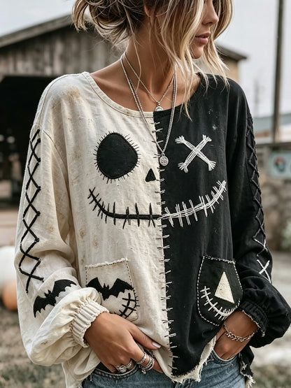 Women's Retro Halloween Spooky Smiley Face Color Block Casual Linen Shirt