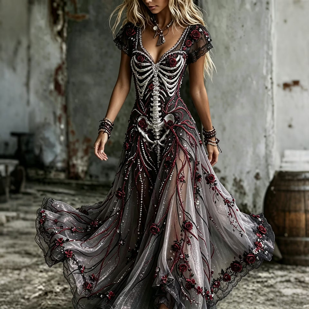 Women's  Retro Gothic Skull Floral Pattern Short Sleeves Maxi Halloween Dress