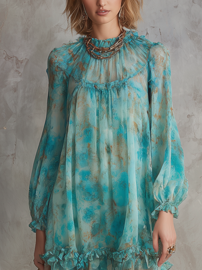 Printed Tulle Ruffle Mini Dress