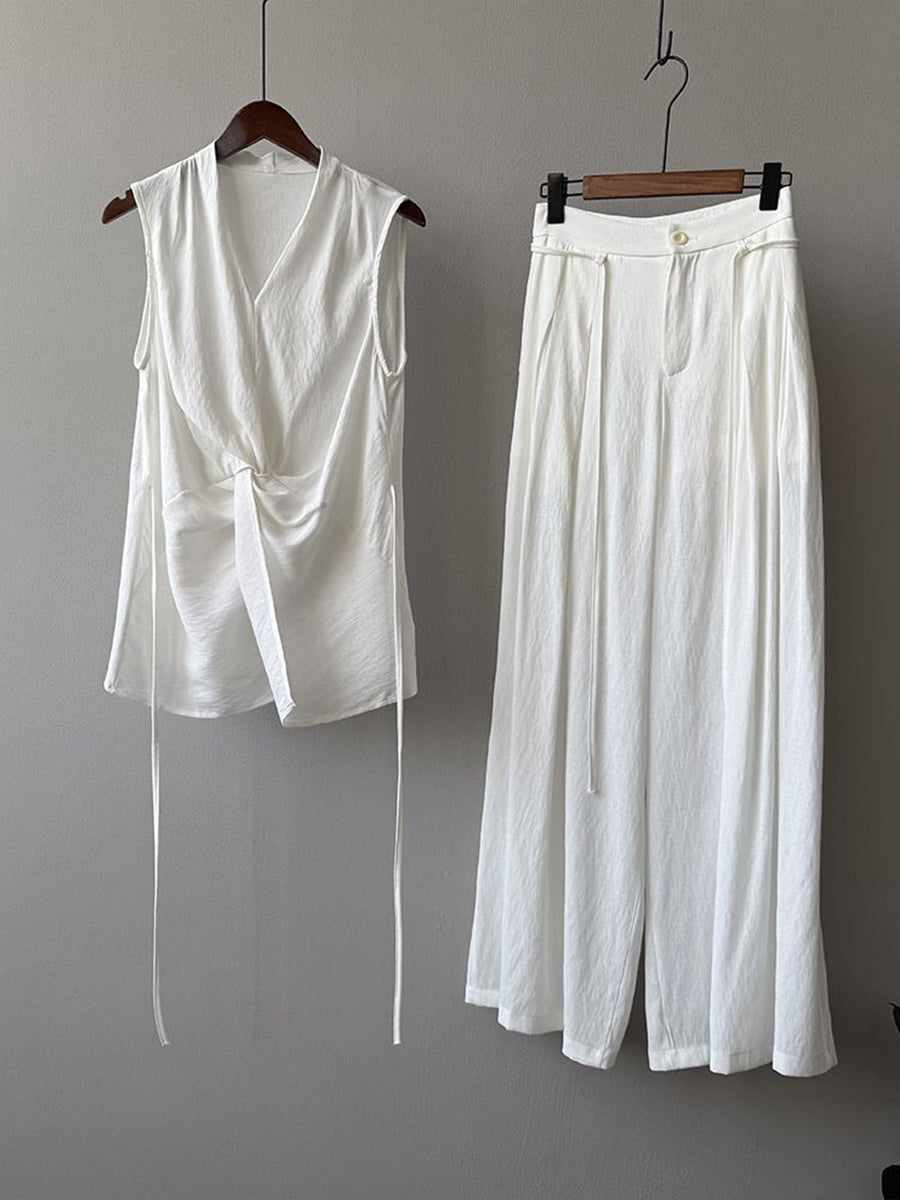 Casual Two-piece Set: Floral-print Linen & Cotton Top And Solid-color Trousers