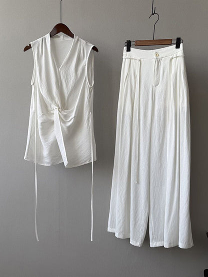 Casual Two-piece Set: Floral-print Linen & Cotton Top And Solid-color Trousers