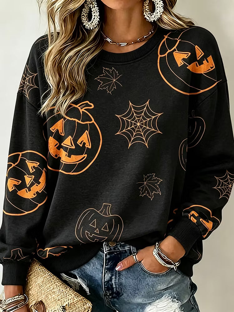 Women's Retro Halloween Pumpkin Smiley Face Print Casual Sweatshirt