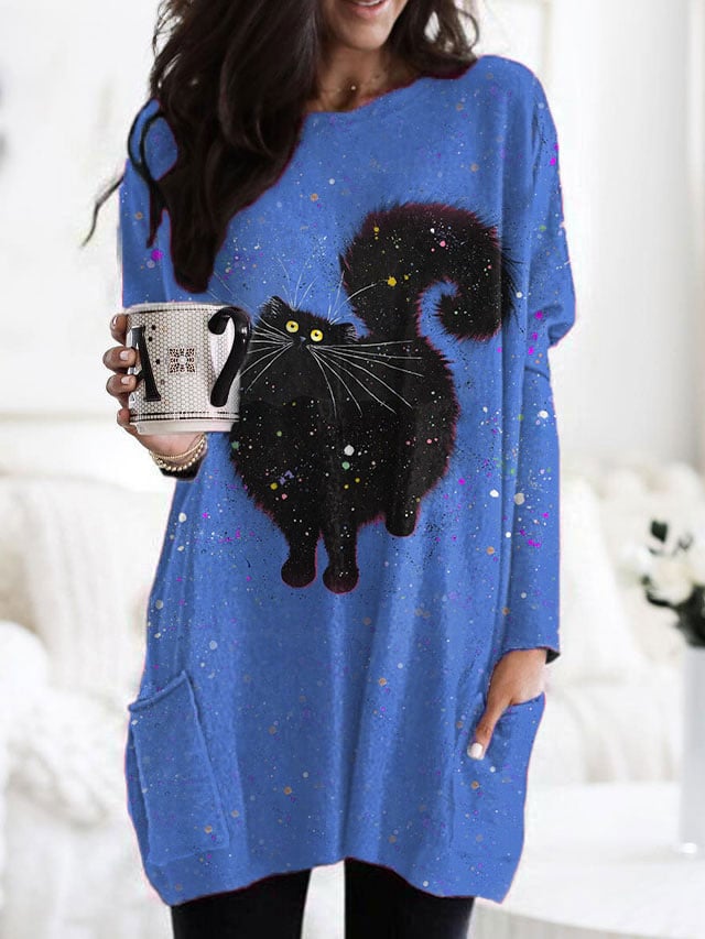 Women's cute black cat print sweatshirt