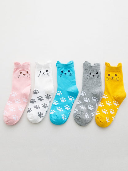 Women's Cotton Cat Cubic Ears Footprint Mid Calf Socks
