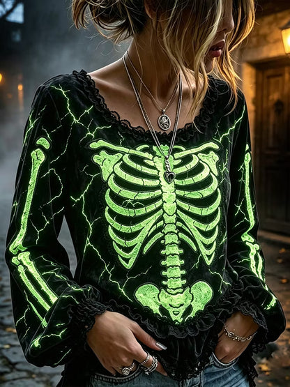 Women's Halloween Dark Gothic Neon Skull Art Crew Neck Long Sleeve Top