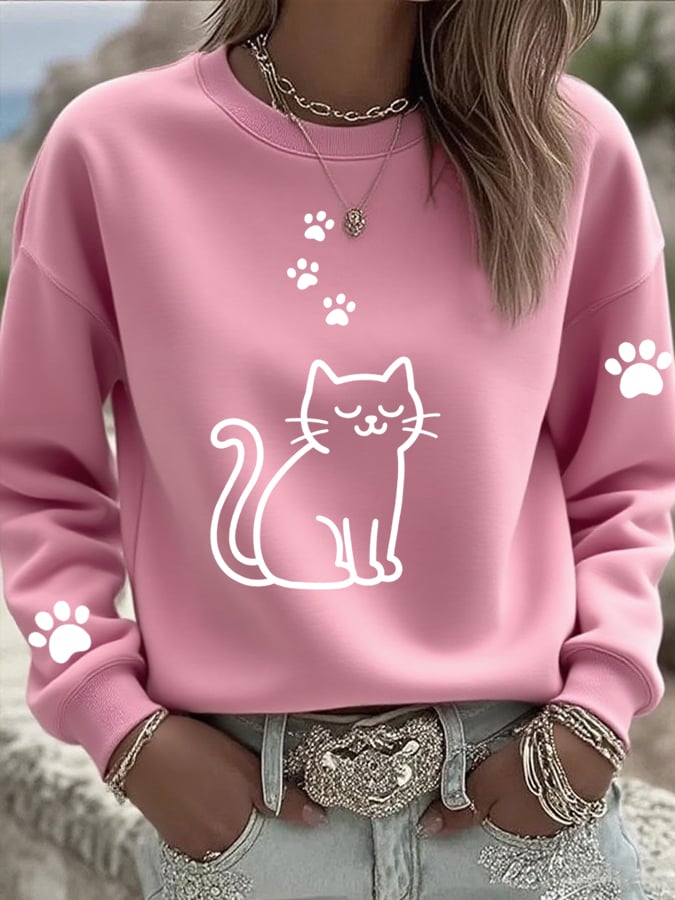 Women'S Cute Cat Print Crew Neck Sweatshirt