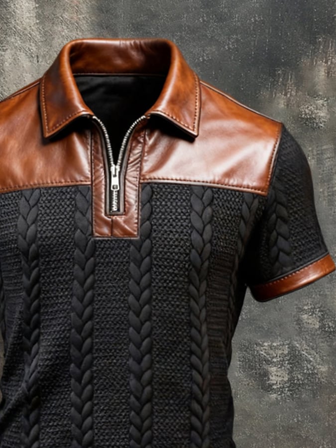 Men'S Short-Sleeve Polo-Collar Top With Retro Leather Paneling And Color-Block Design
