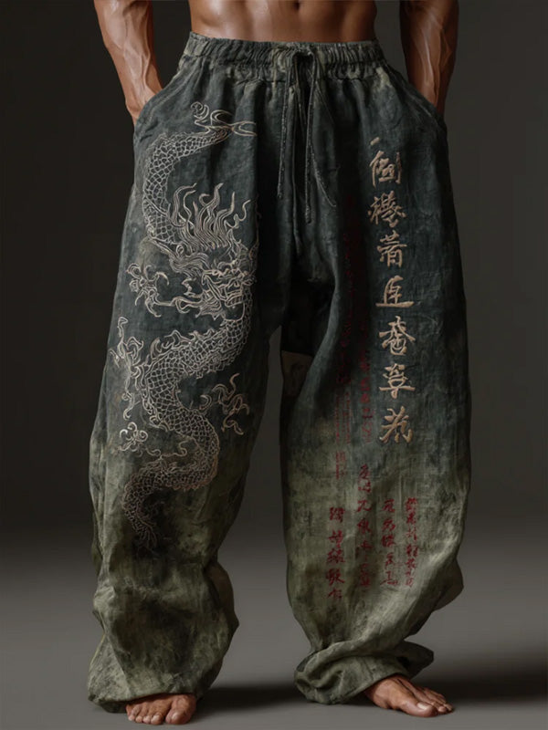 Men's Retro Calligraphy Japanese Art Dragon Pattern Casual Pants