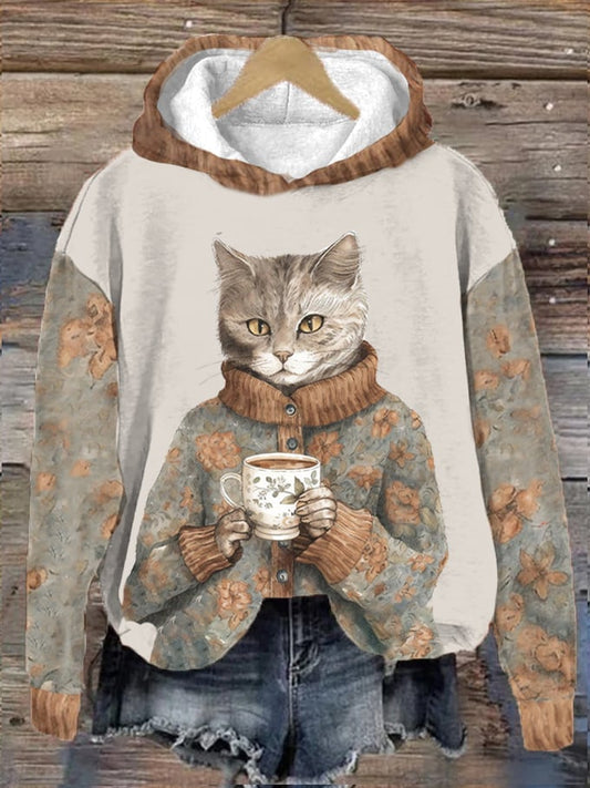 Women's Winter Funny Cute Wonderland Clothing Floral Cat Printed Hooded Sweatshirt