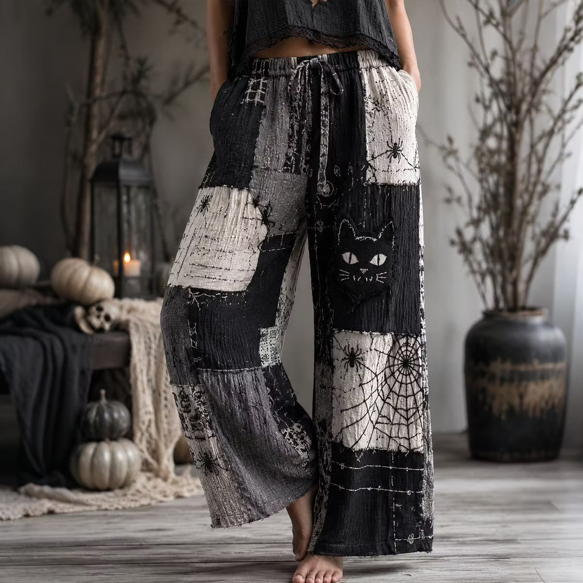 Women's Halloween Retro Black Cat And Spider Color Block Cotton Linen Trousers