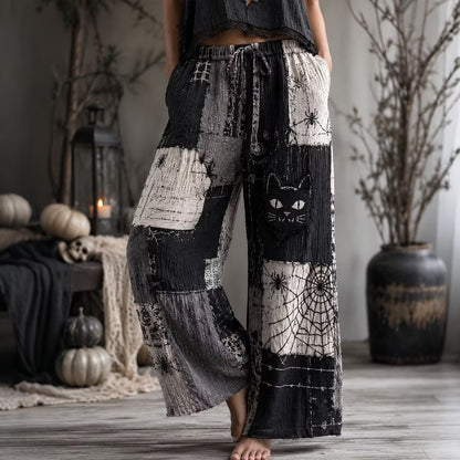 Women's Halloween Retro Black Cat And Spider Color Block Cotton Linen Trousers