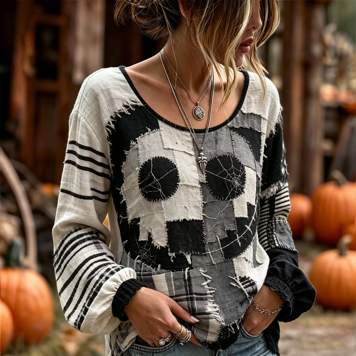 Women's Halloween Jack-o'-lantern Art Embroidered Linen Blend Round Neck Long Sleeve Tops
