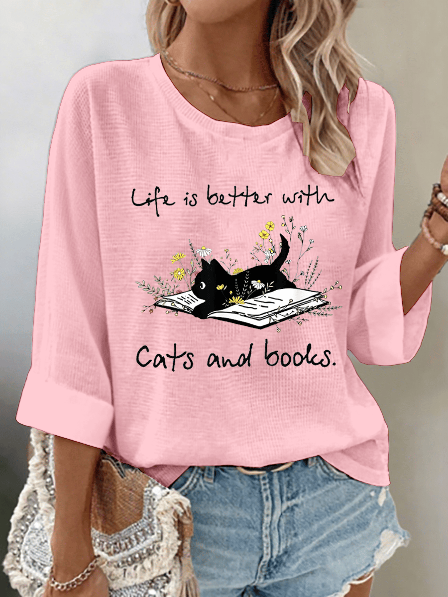 Women's Life Is Better With Cats And Books Print Waffle Fabric 3/4 Sleeve Top