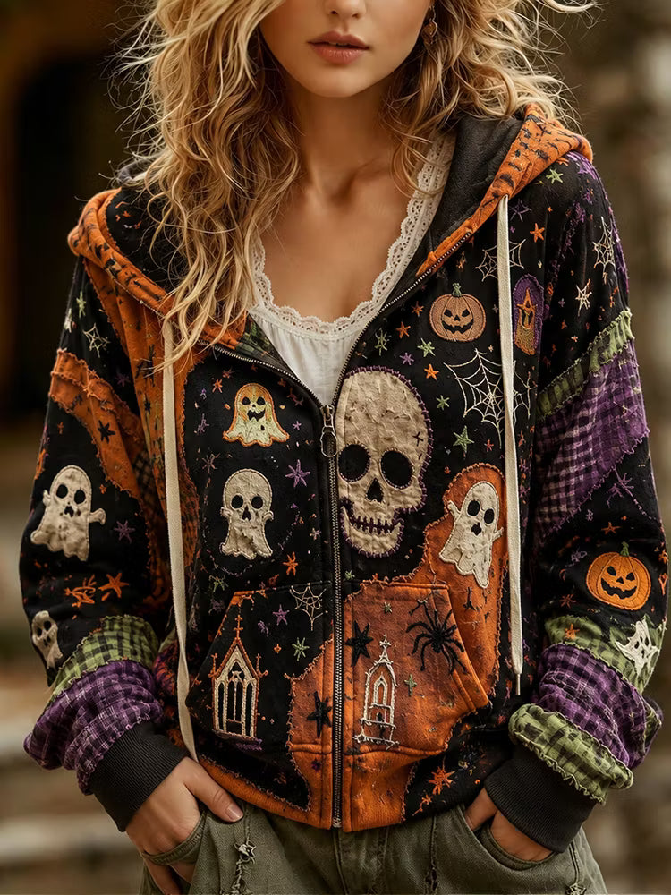 Women's Halloween Skull And Ghost Art Cotton Linen Casual Hoodie