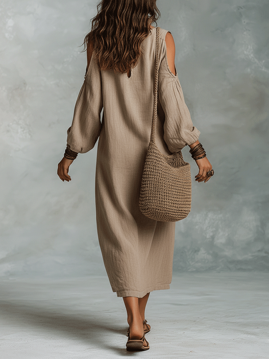Relaxed Bohemian Cold-Shoulder Linen Midi Dress