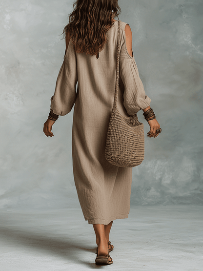Relaxed Bohemian Cold-Shoulder Linen Midi Dress