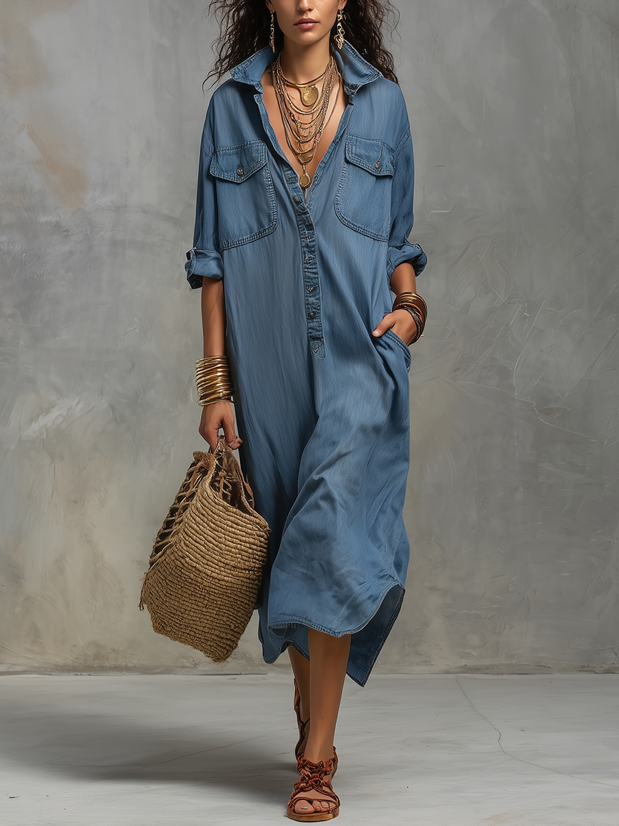 Casual Bohemian Style Washed Blue Shirt Dress
