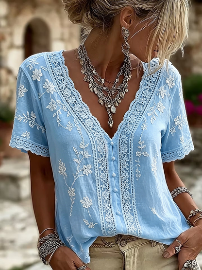 Women's White Floral Lace Art Cotton Linen V-Neck Short Sleeved Top