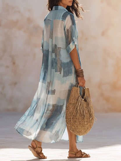Artistic Brushstroke Blue Chiffon Dress